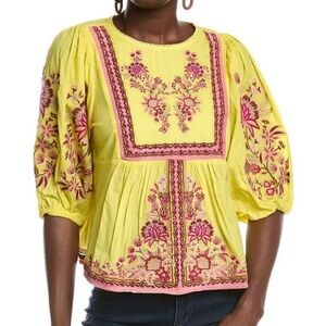 Farm Rio Yellow Garden Tapestry Embroidered Blouse size XS VERY GOOD CONDITION!